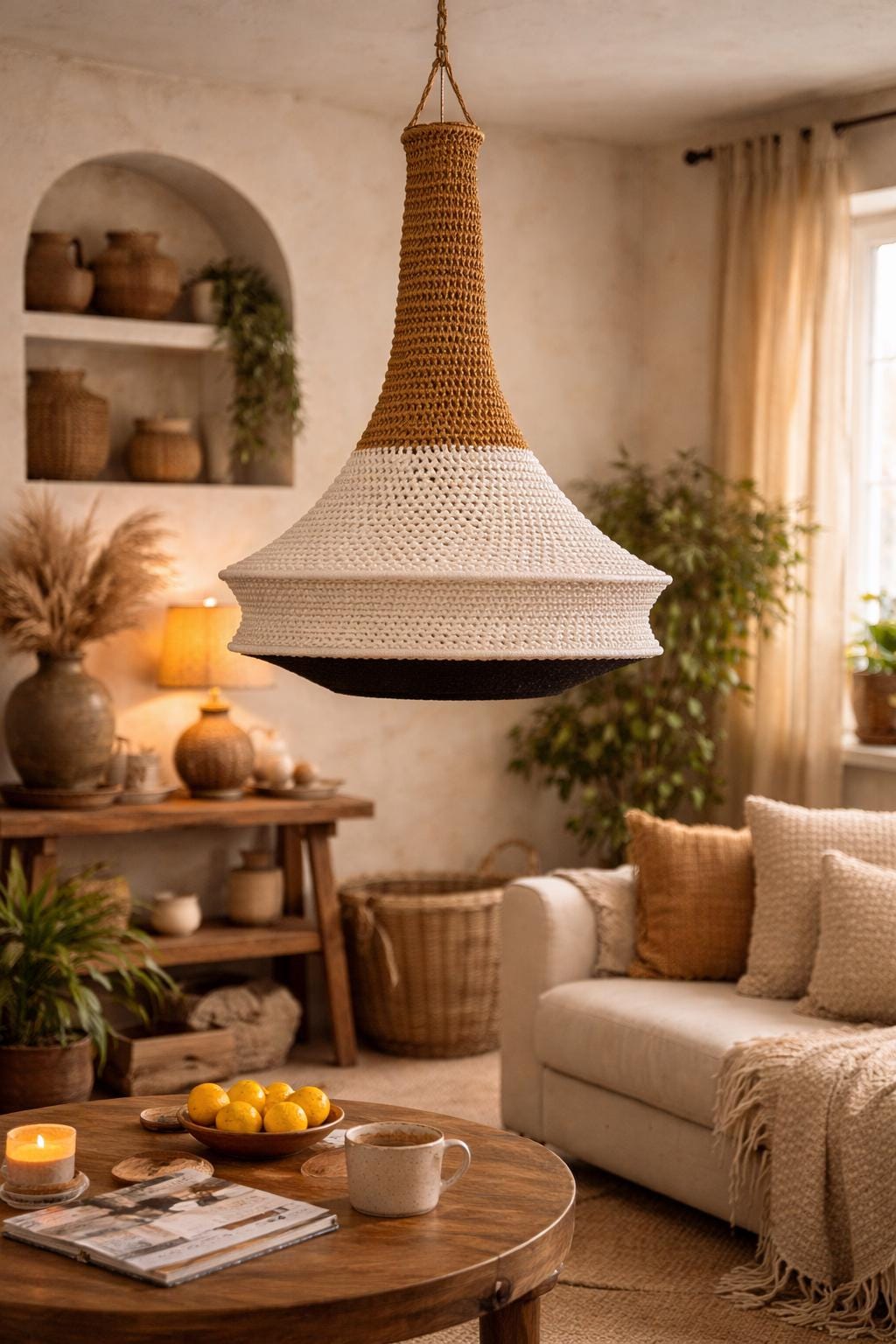 A hanging pendant light fixture featuring a three-tiered crochet shade. The top section is mustard yellow, the middle…