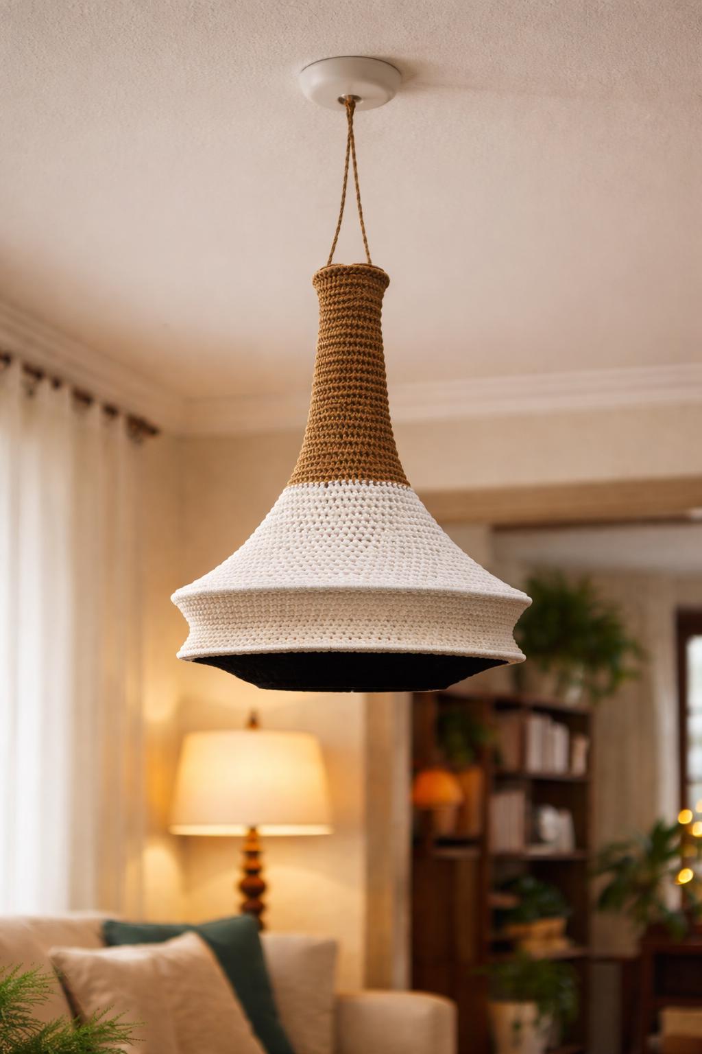 A hanging pendant light fixture featuring a two-tone crochet shade. The upper neck section is a warm tan color, while the…