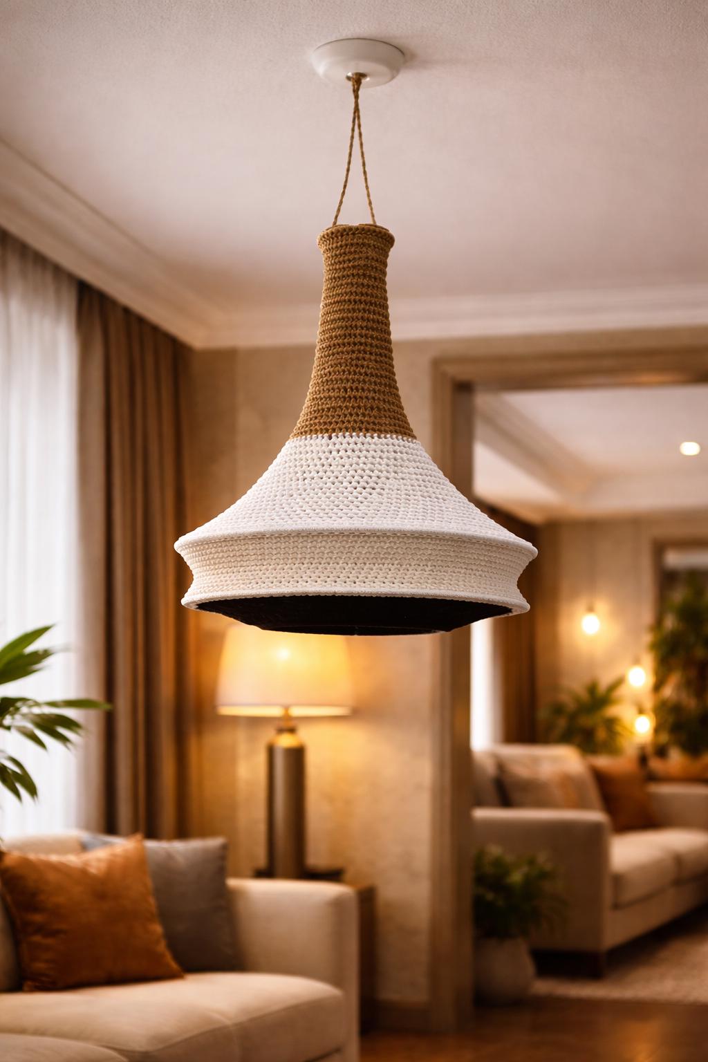 A hanging pendant light fixture featuring a two-tone crocheted shade. The upper neck section is brown, while the wider,…