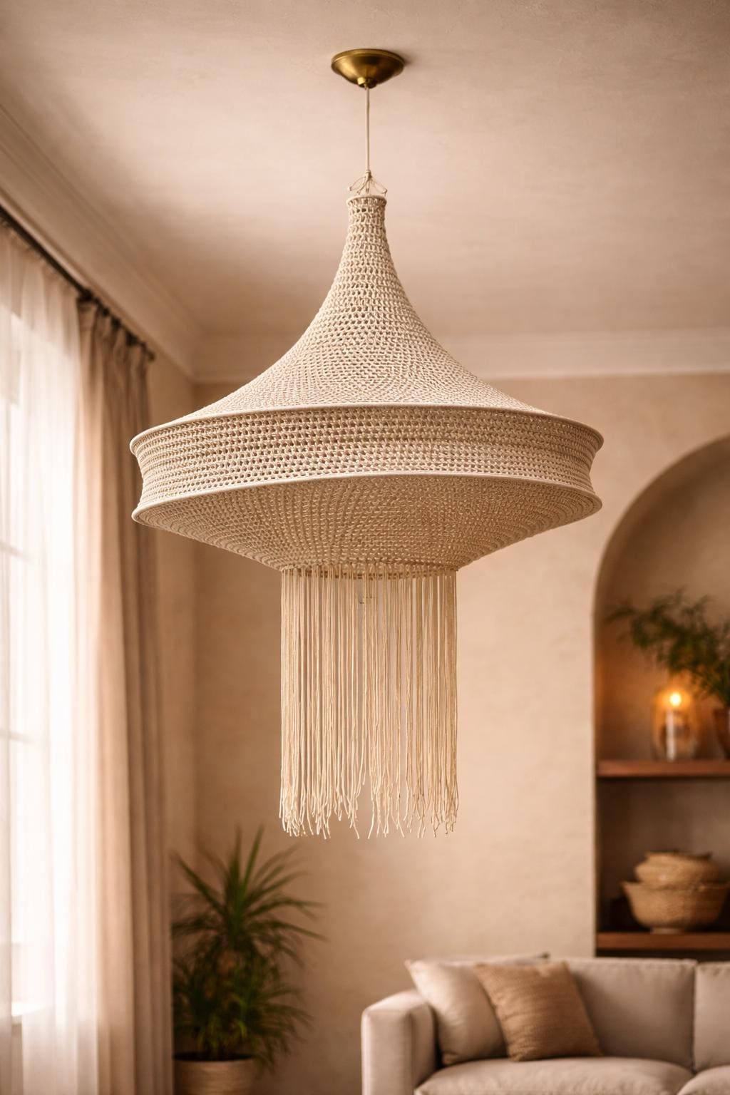 A large, bell-shaped pendant light fixture crafted from off-white crocheted cord. The structure features a wide, flared…
