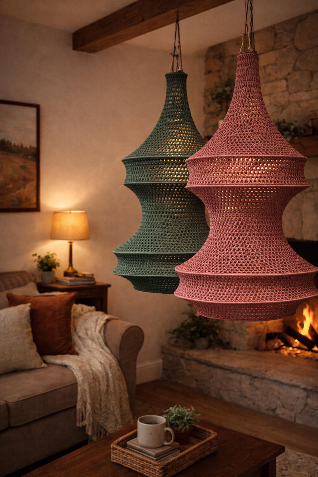 Two hanging pendant lamps featuring a textured, crocheted exterior. One lamp is a deep forest green, while the other is a…