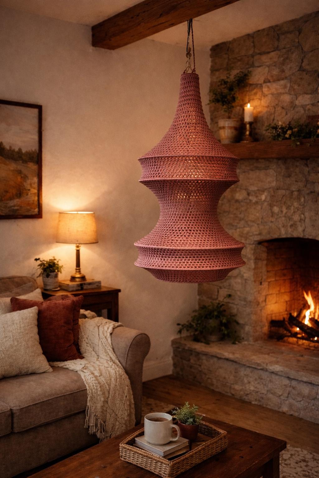 A large, dusty rose-colored pendant light fixture featuring a complex, multi-tiered, hourglass-shaped silhouette. The…