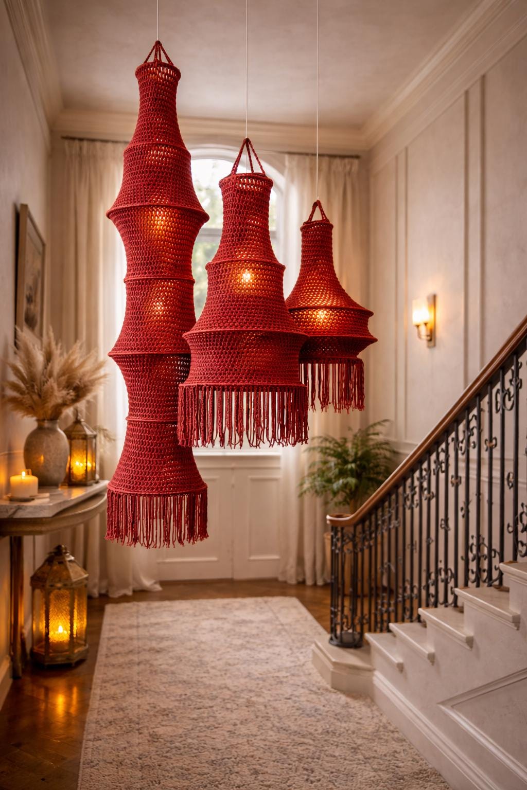 Three hanging pendant lights featuring red crocheted shades with tiered, bell-shaped silhouettes and long, dangling…