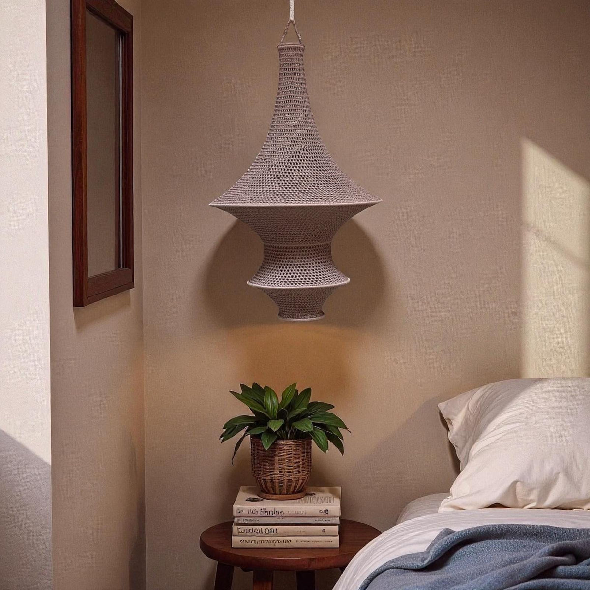 A gray woven pendant light fixture with a tiered, bell-shaped design hangs from the ceiling. The light fixture is…