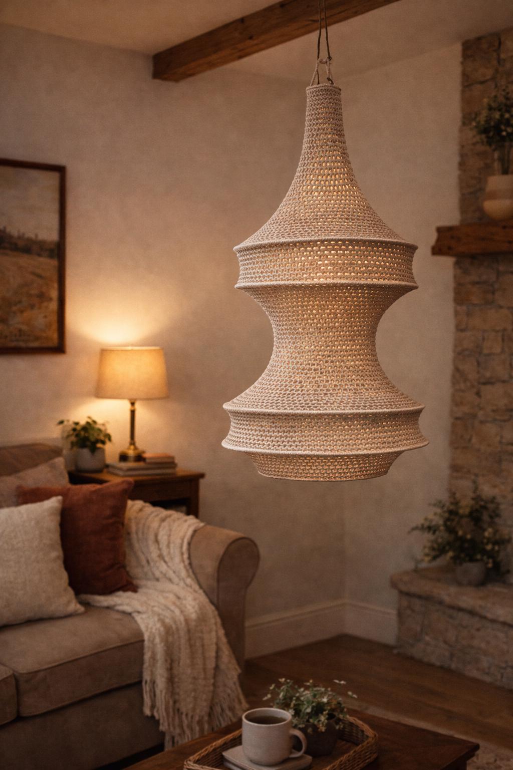 A large, off-white, bell-shaped pendant light fixture featuring a complex, hand-knotted macrame cord construction. The…