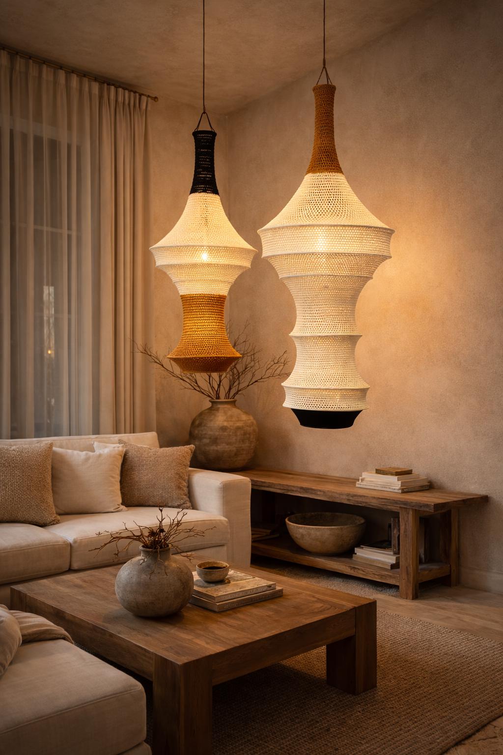 Two hanging pendant lights with intricate woven textures. The left light features a black top, white middle, and amber…