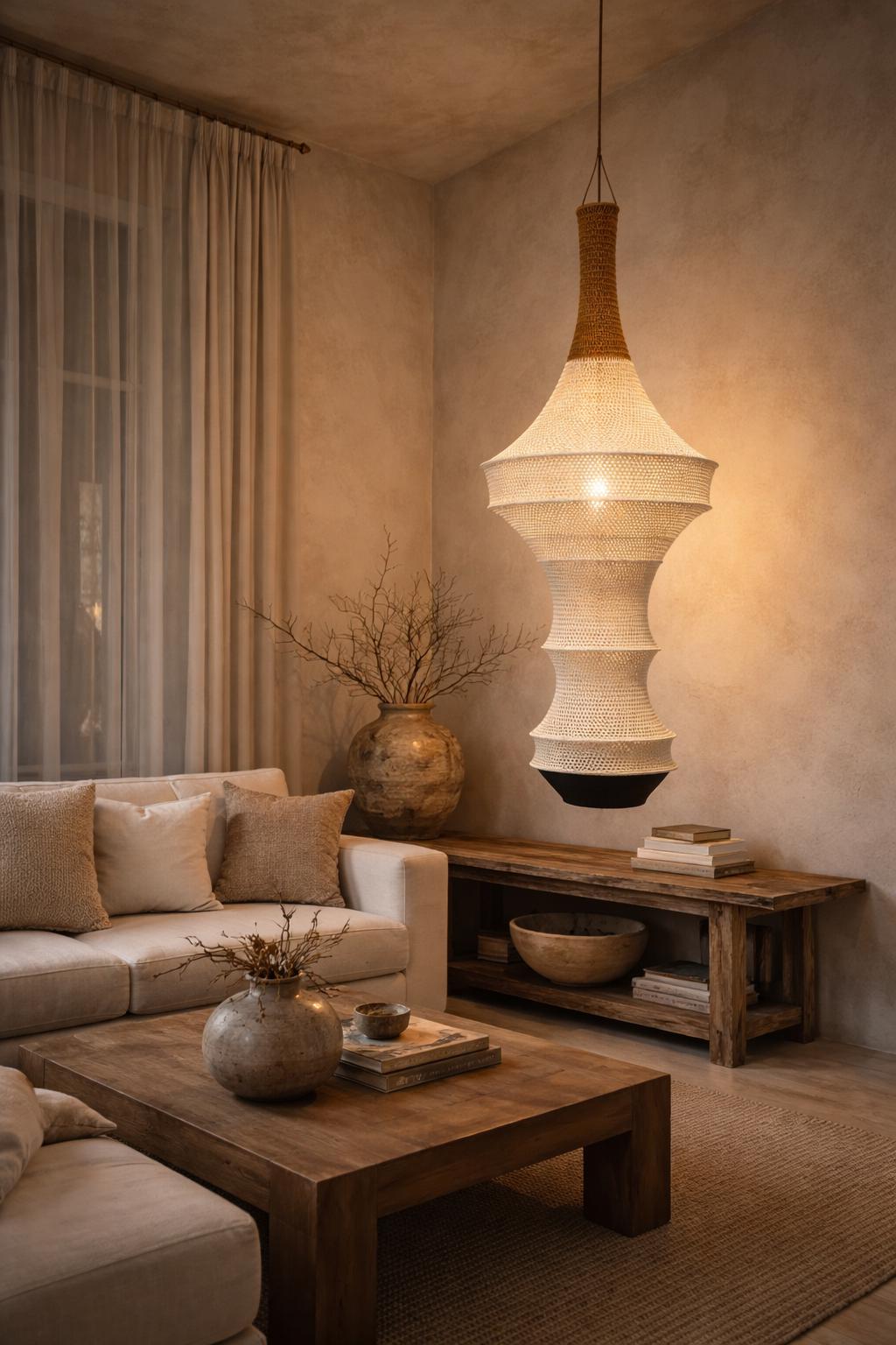 A large, bell-shaped pendant light fixture featuring a woven white fabric body with a textured, tan-colored neck and a…