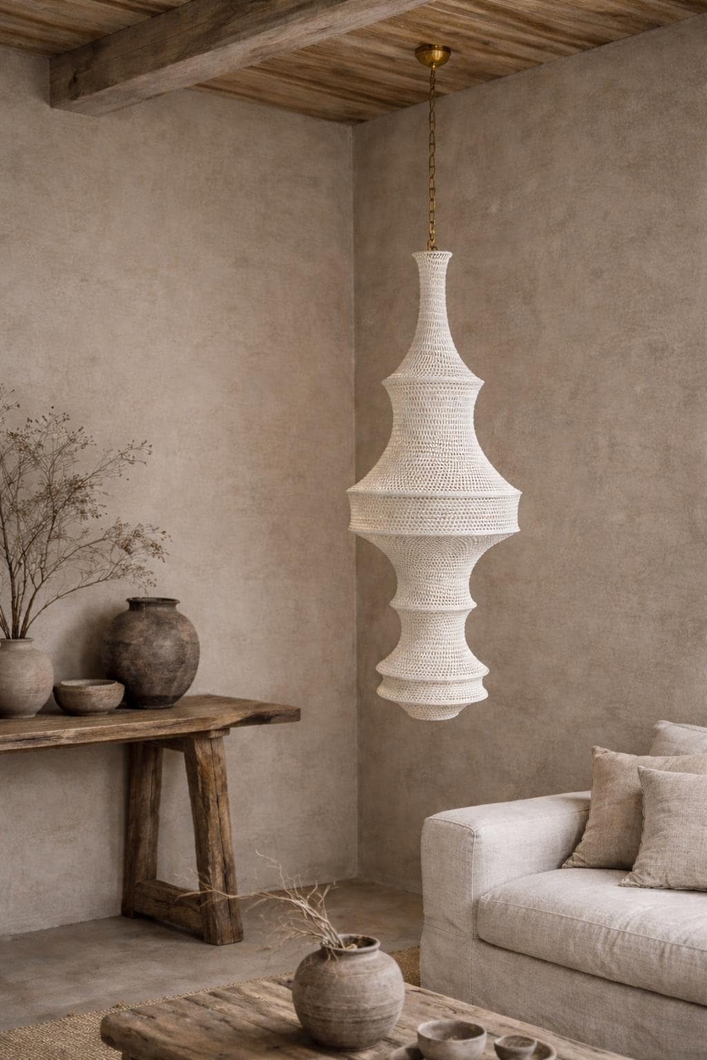 A tall, white, woven pendant light fixture with a multi-tiered, hourglass-inspired silhouette. The lamp features a fine,…