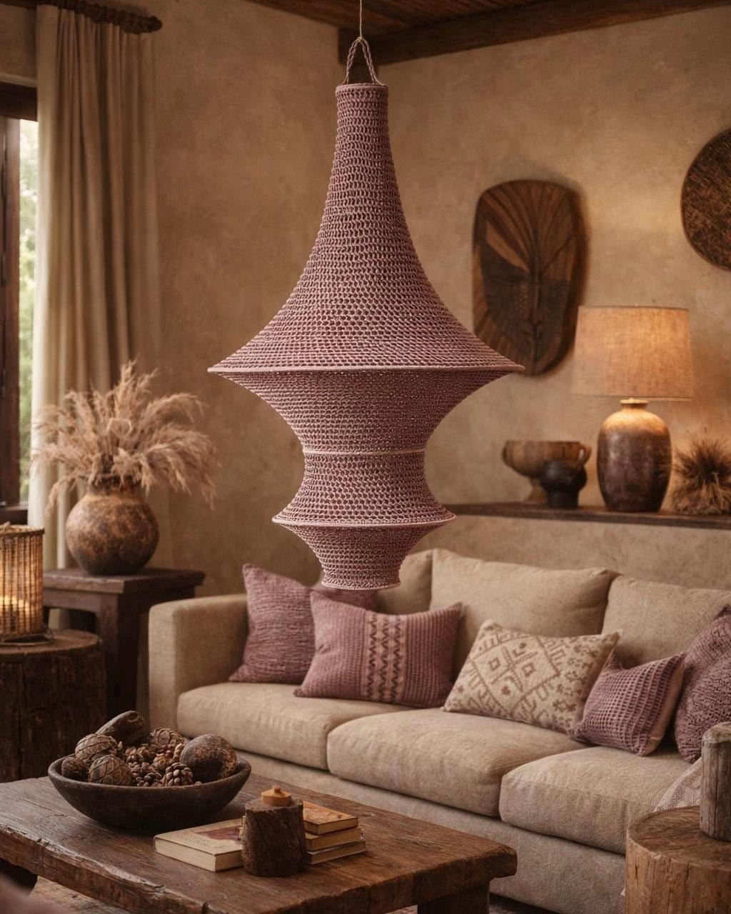 A large, dusty rose-colored pendant light fixture featuring a complex, multi-tiered crocheted or woven texture. The lamp…