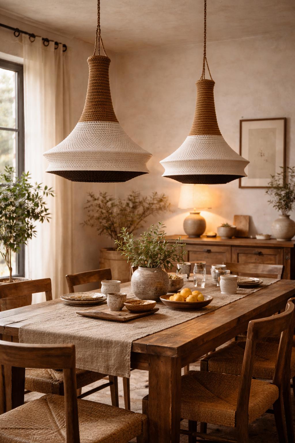 Two hanging pendant lights featuring a tiered design with a brown top section, a wide white middle section, and a dark…