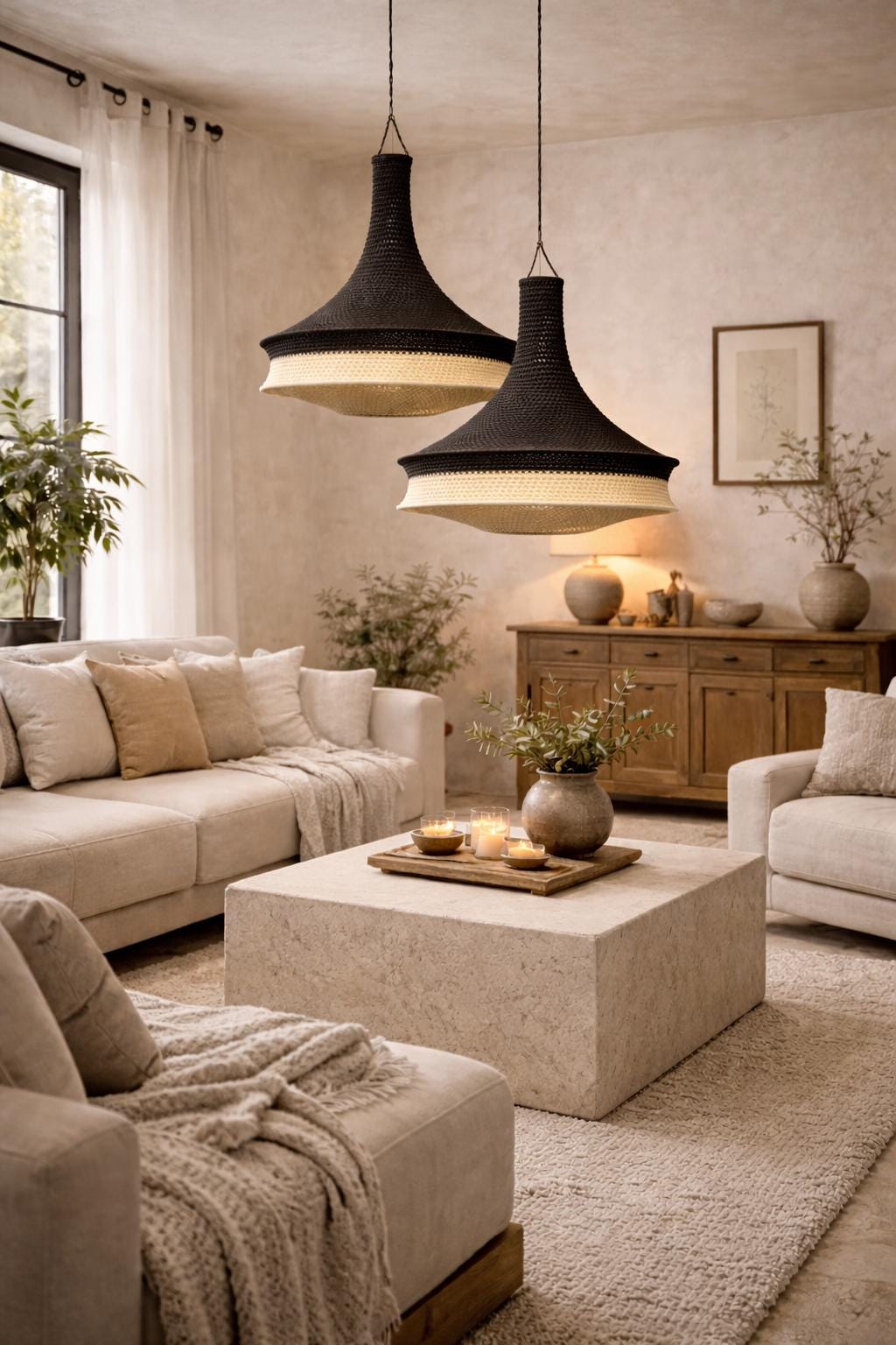 Two bell-shaped pendant lights featuring a black woven upper section and a contrasting cream-colored woven lower band.…