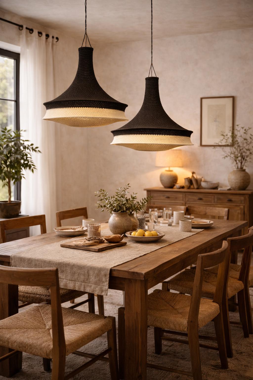 Two bell-shaped pendant lights featuring a black upper section and a cream-colored lower section with a woven texture.…