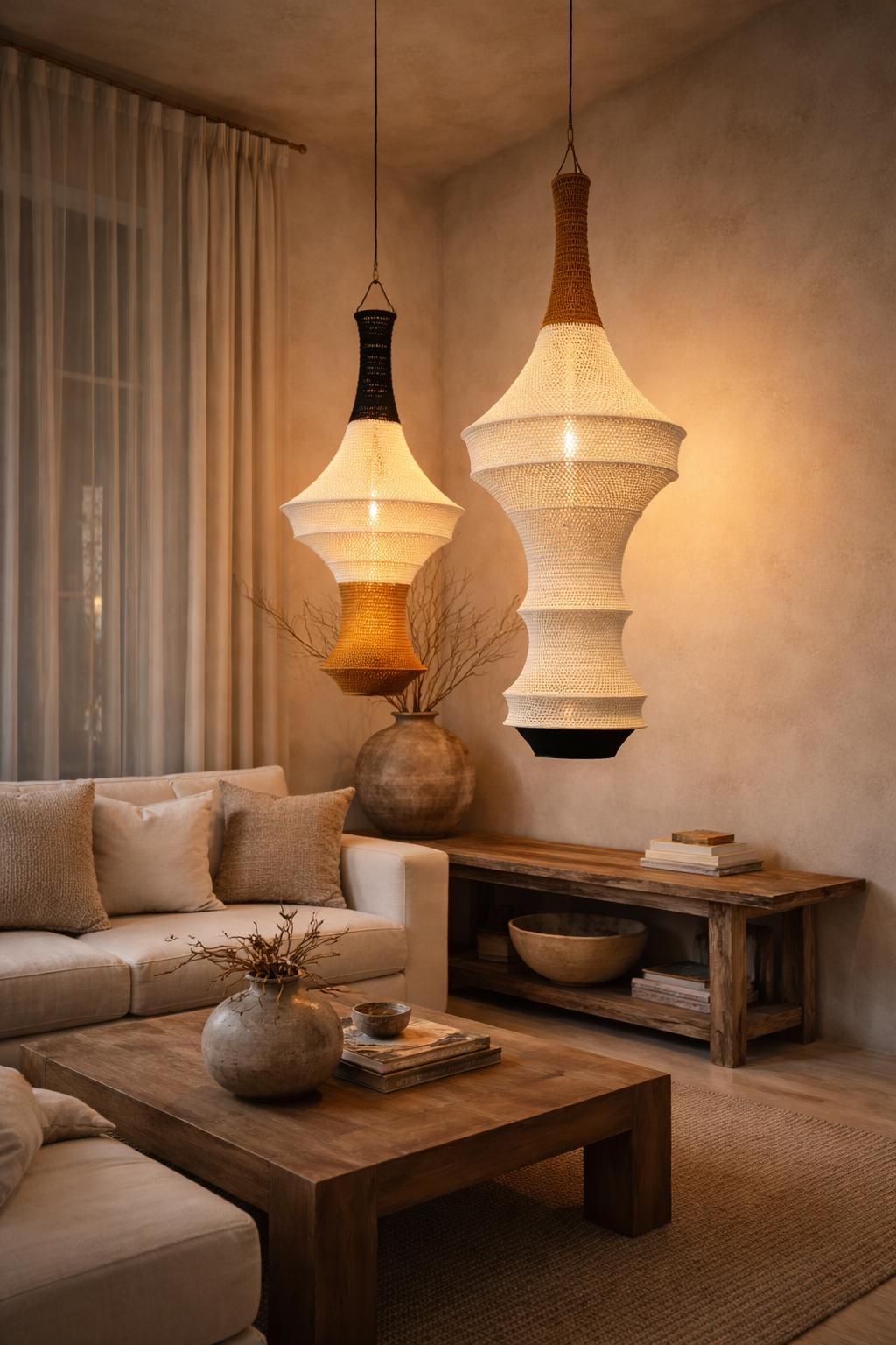 Two hanging pendant lights with intricate woven textures. The left light features a black top, white middle, and amber…