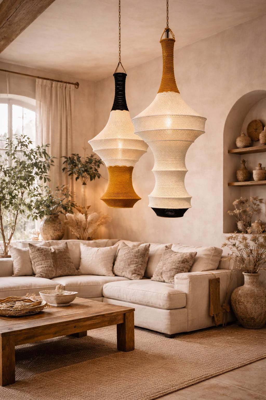 Two large pendant lights with intricate crochet-style textures hanging from the ceiling. The left light features a black…