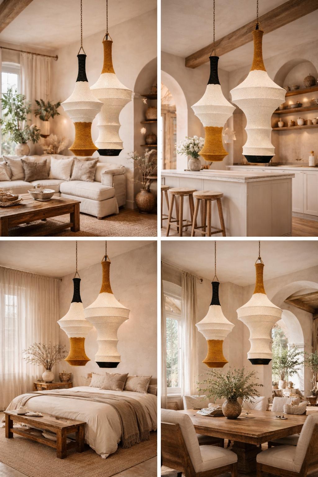 Two hanging pendant lights featuring a tiered, hourglass-shaped silhouette. The fixtures are constructed with a…