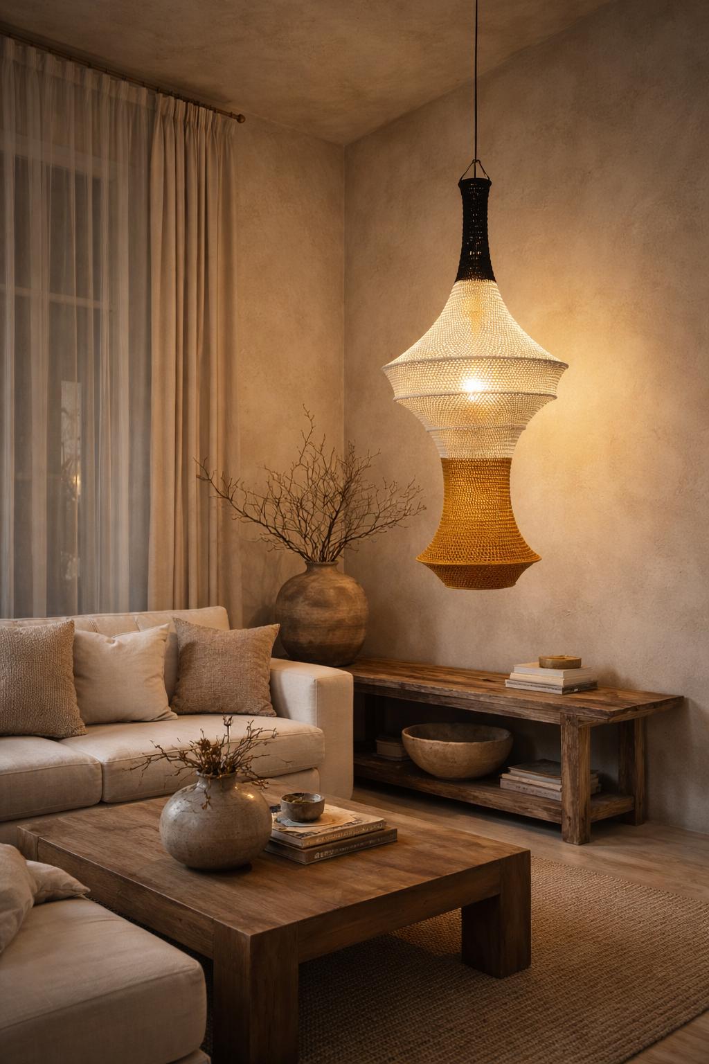 A hanging pendant light fixture featuring a woven, multi-tiered shade with a black top section, a wide white middle…