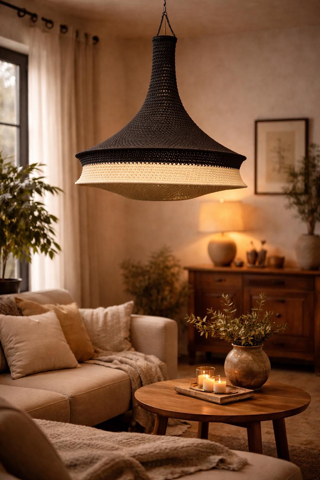 A large, bell-shaped pendant light fixture featuring a two-tone design. The upper section is constructed from dark black…