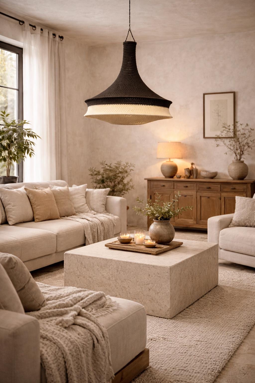 A large, bell-shaped pendant light fixture featuring a dark black woven upper section and a contrasting light…