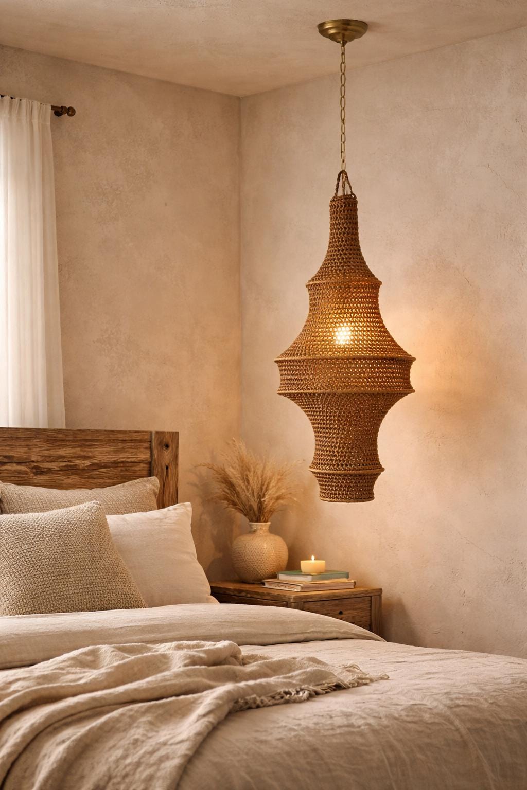 A brown woven pendant light fixture with a tapered, multi-tiered silhouette suspended from a brass-colored chain. The…