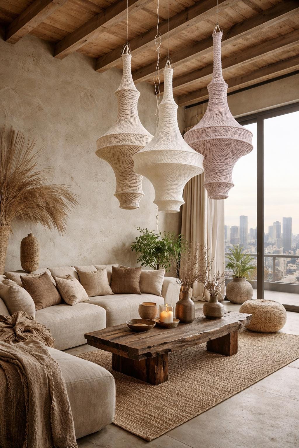 Three large, bell-shaped pendant lights with a textured, crocheted fabric exterior hang from the ceiling. The lights are…