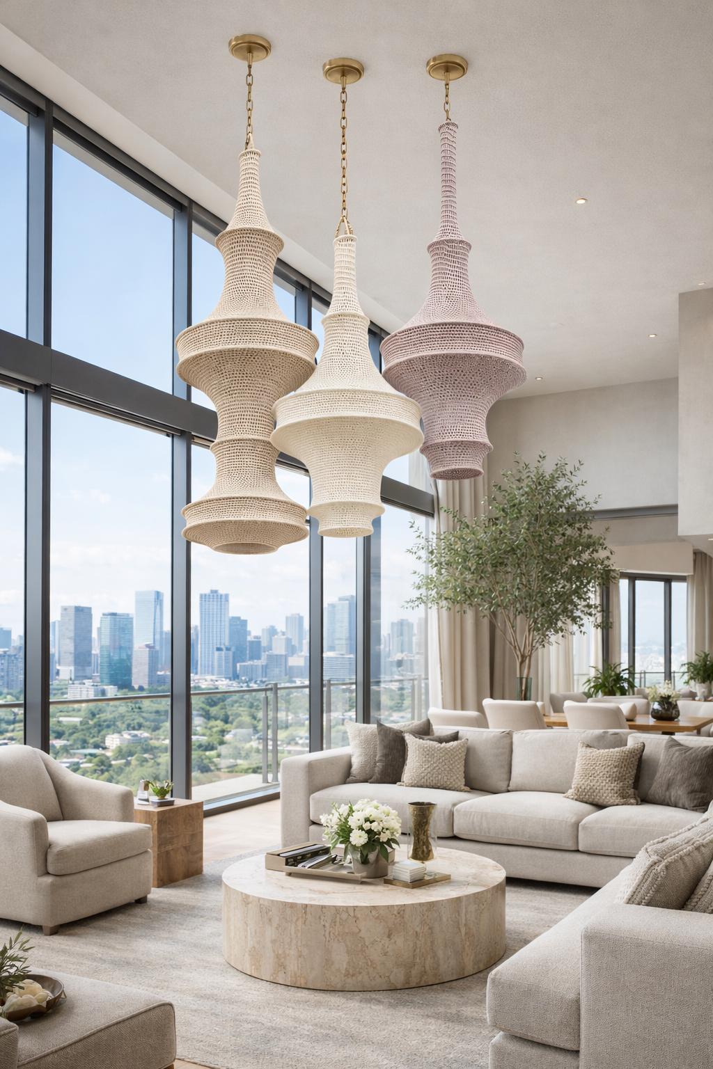 Three large, bell-shaped pendant lights with a woven, textured surface. The left light is tan, the center light is…