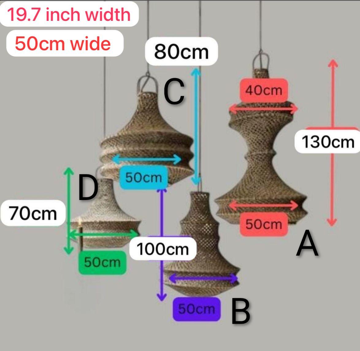 Four woven pendant lights labeled A, B, C, and D with various dimensions. Light A is 130cm high and 40cm to 50cm wide.…