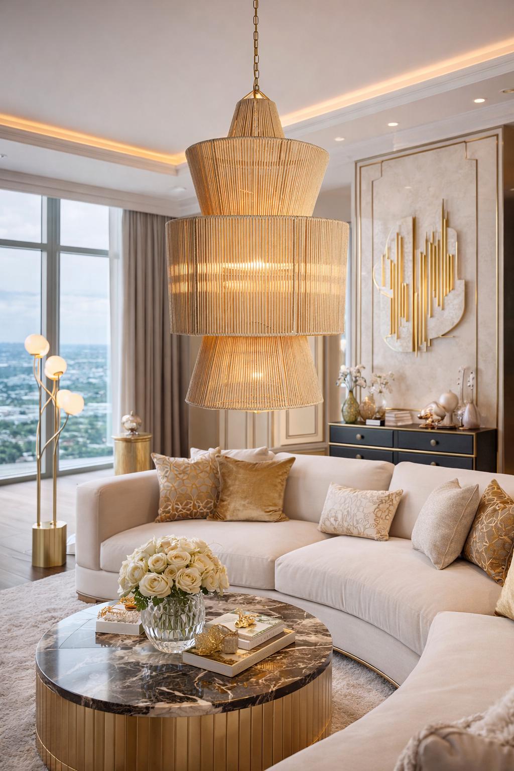 A luxurious living room featuring a large, tiered pendant light made of woven material. The room includes a cream-colored…