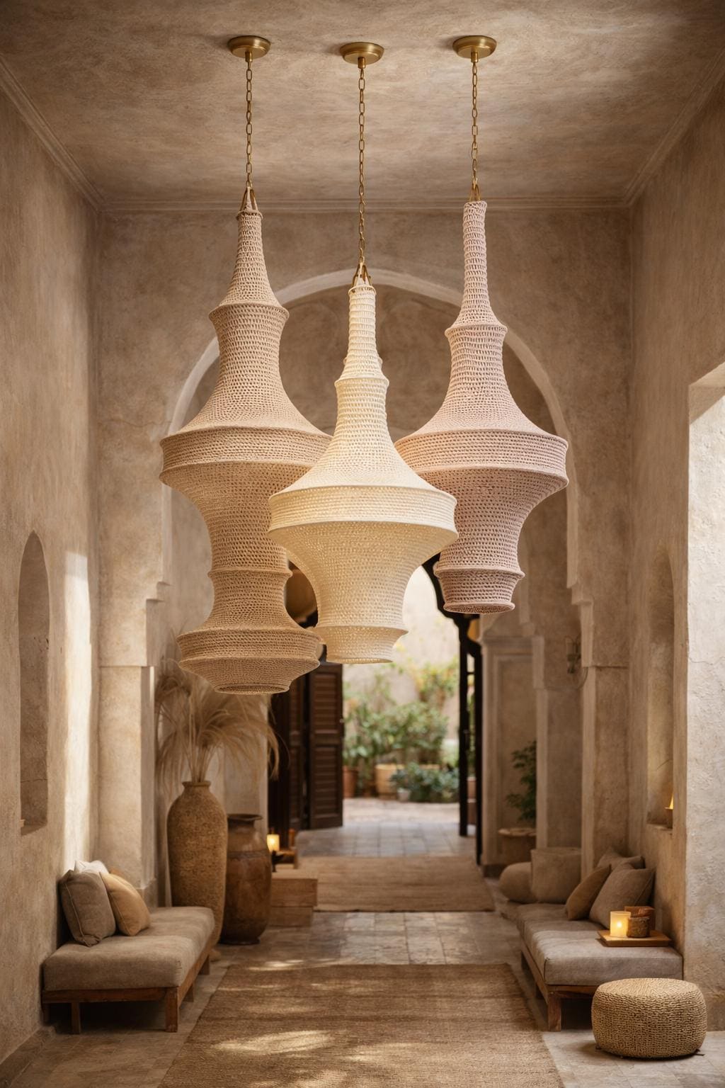 Three large, bell-shaped pendant lights featuring a textured, cream-colored crocheted fabric exterior. Each light hangs…