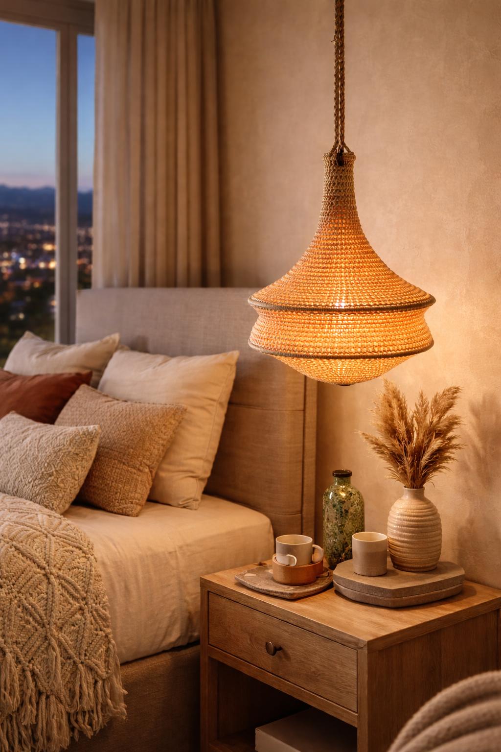 A woven pendant light fixture with a bell-shaped shade suspended by a thick rope cord. The light emits a warm glow,…