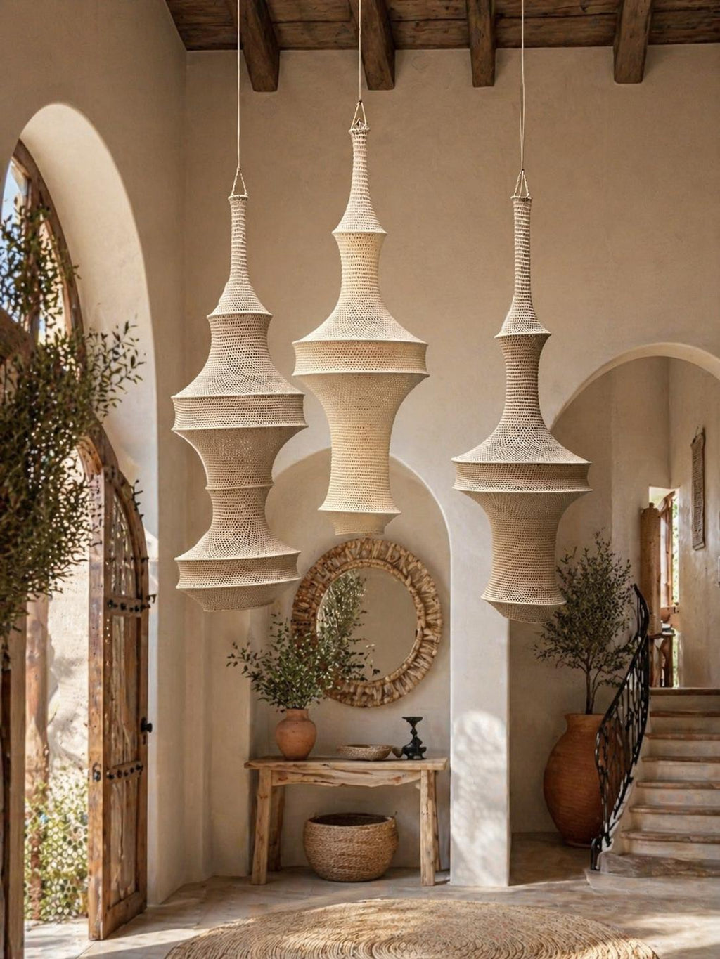 Three tall, beige, woven pendant lights with a tapered, multi-tiered silhouette hang from the ceiling. Each light fixture…