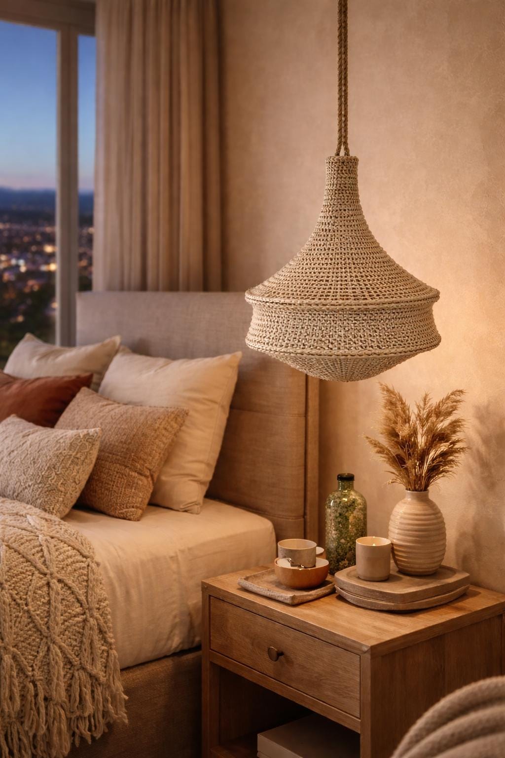 A beige woven pendant light fixture with a wide, tiered bell shape suspended by a thick rope cord. The light features a…