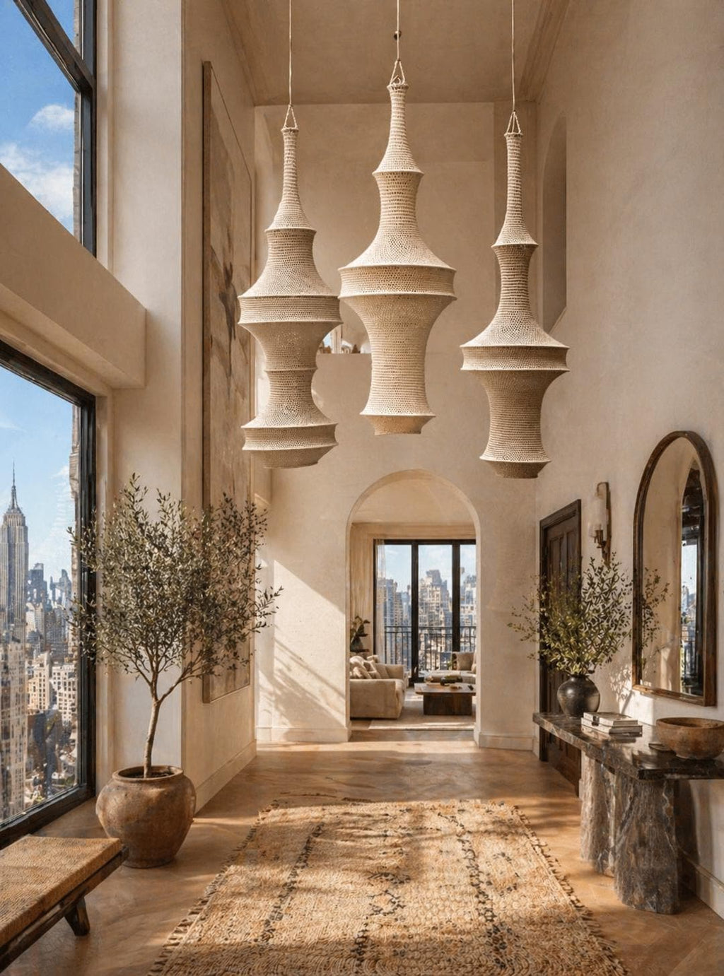 Three tall, beige, woven pendant lights with a tiered, hourglass-inspired silhouette hang from the ceiling in a hallway.…