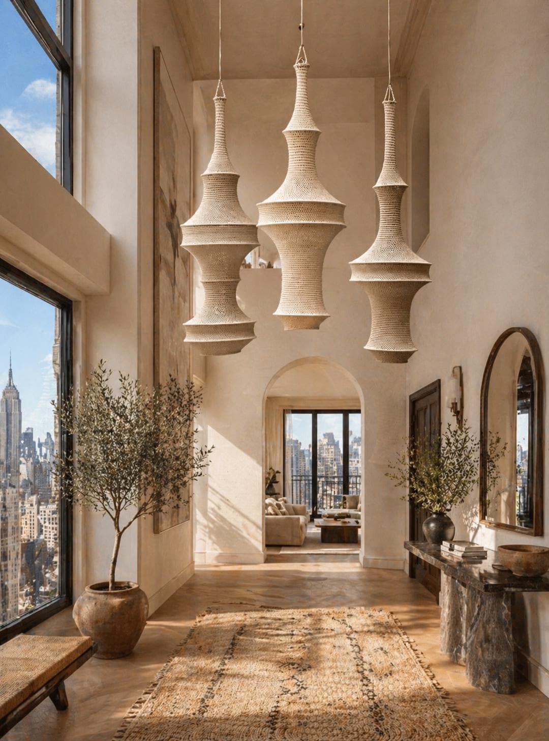 Three tall, beige, woven pendant lights with a tiered, hourglass-inspired silhouette hang from the ceiling in a hallway.…