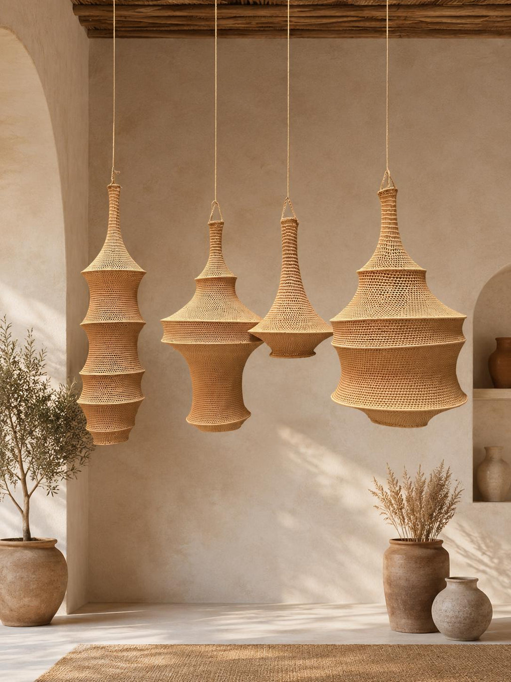Handmade Crochet Pendant Lights Set of 4 *Nanna* Kitan Hanging Lamps, Boho Ceiling Light Set, Modern Lighting Fixture WITHOUT ELECTRICITY