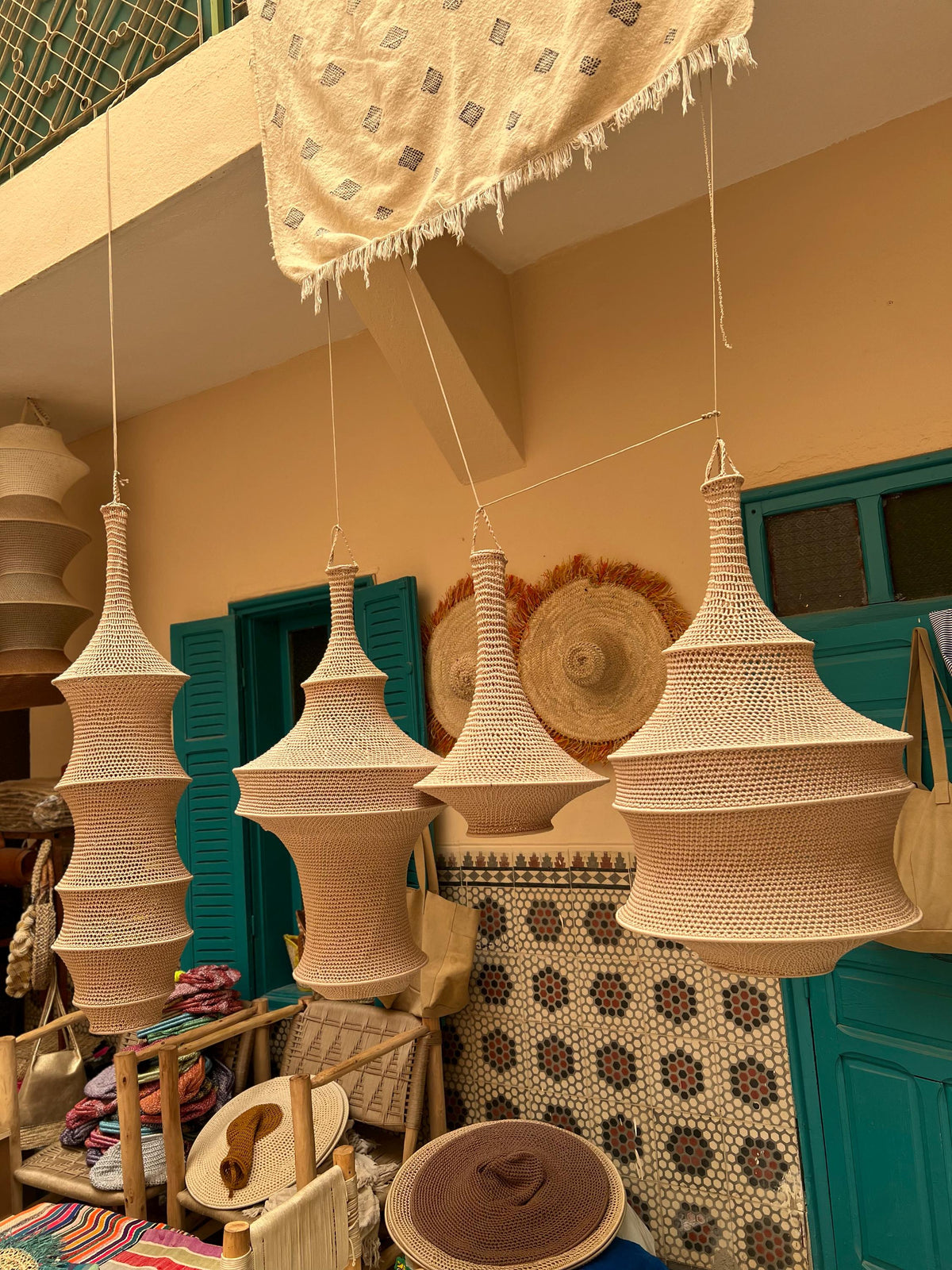 Handmade Crochet Pendant Lights Set of 4 *Nanna* Kitan Hanging Lamps, Boho Ceiling Light Set, Modern Lighting Fixture WITHOUT ELECTRICITY