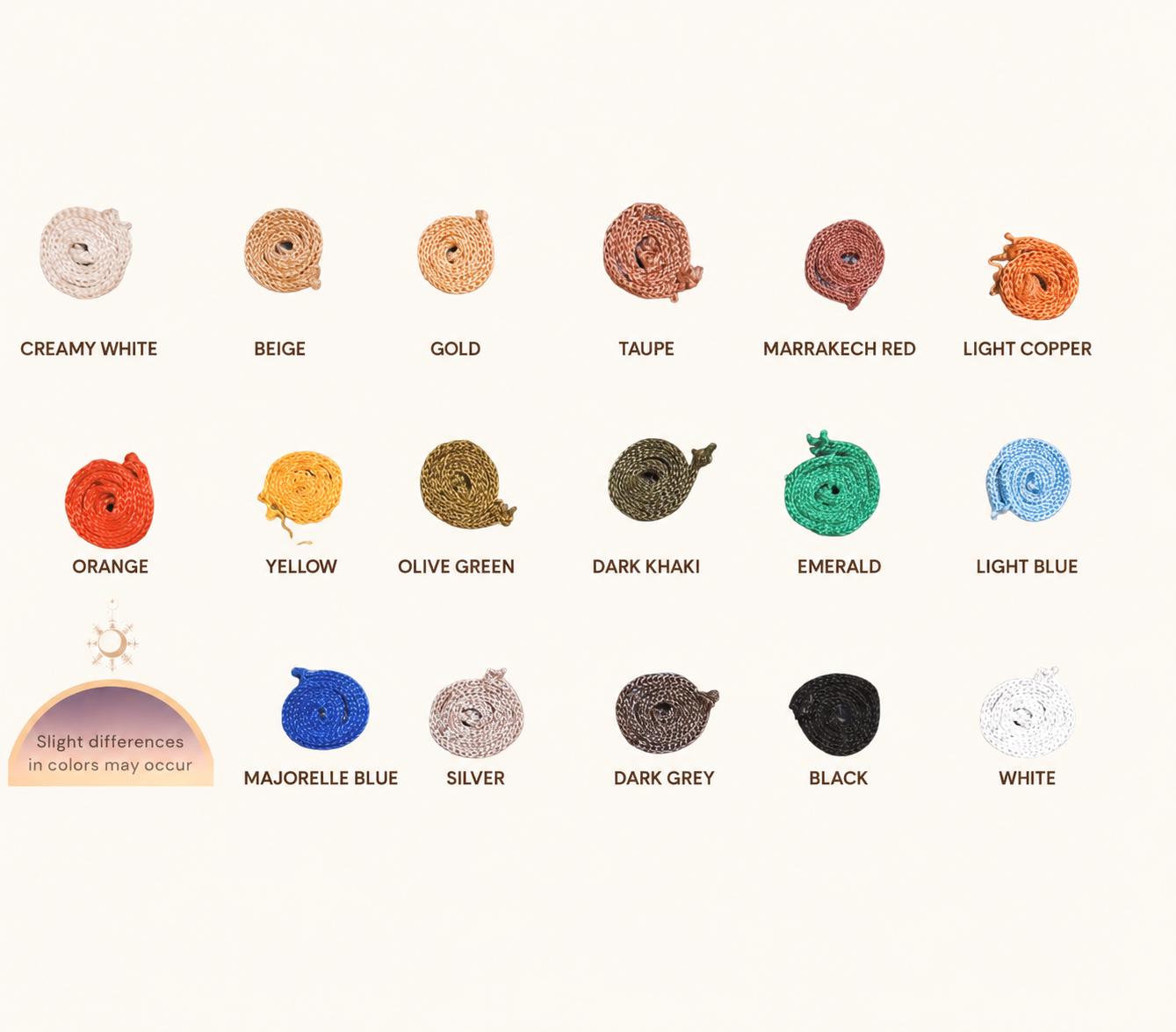 A color chart displaying seventeen coiled cords in various shades including creamy white, beige, gold, taupe, marrakech…