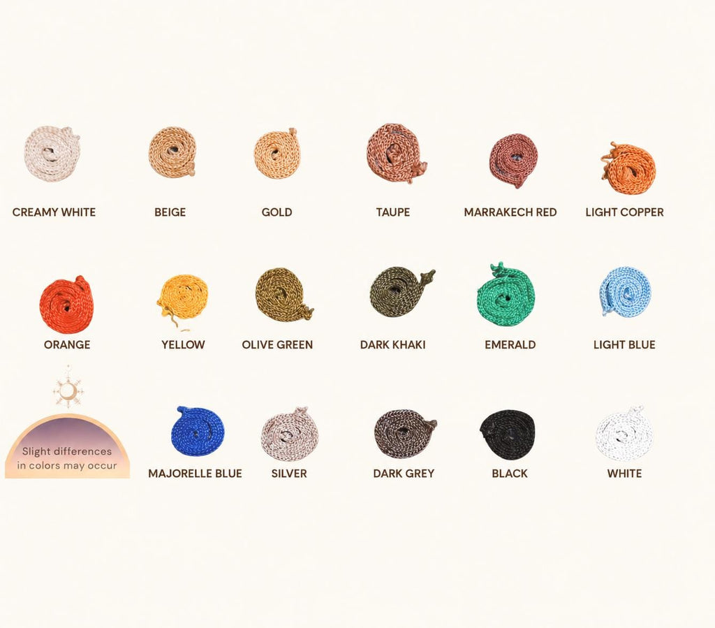 A color chart displaying seventeen coiled cords in various shades including creamy white, beige, gold, taupe, marrakech…