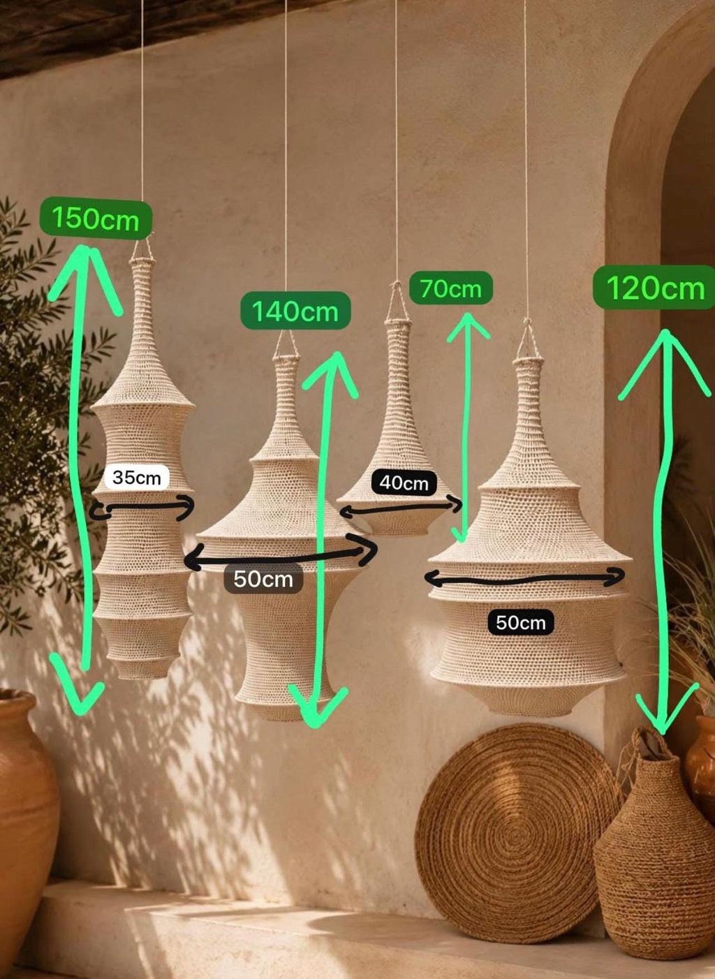 Handmade Crochet Pendant Lights Set of 4 *Nanna* Kitan Hanging Lamps, Boho Ceiling Light Set, Modern Lighting Fixture WITHOUT ELECTRICITY