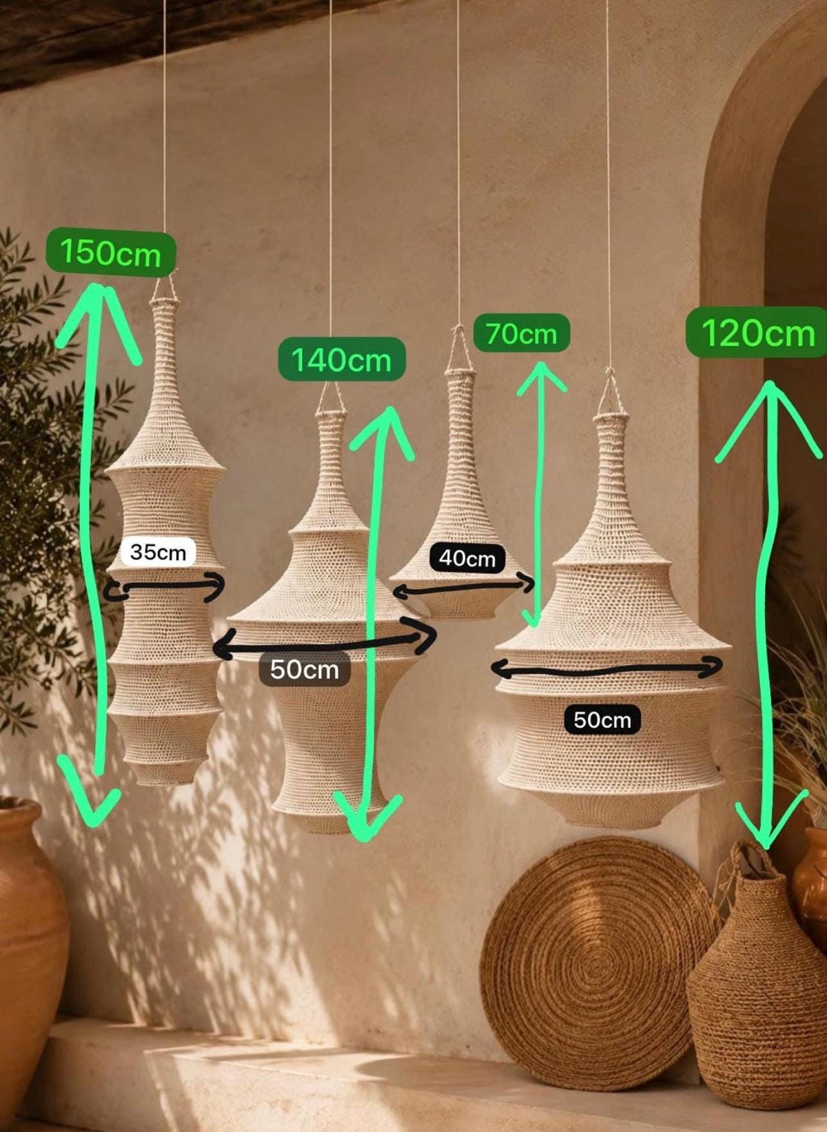 Handmade Crochet Pendant Lights Set of 4 *Nanna* Kitan Hanging Lamps, Boho Ceiling Light Set, Modern Lighting Fixture WITHOUT ELECTRICITY