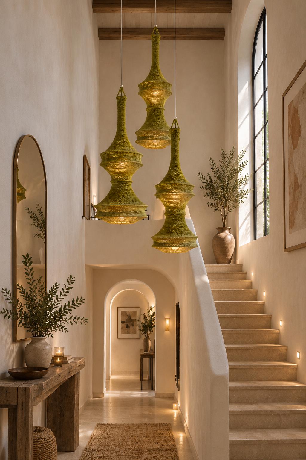Three olive green pendant lights with a textured, woven-like surface and a tapered, multi-tiered silhouette. Each light…