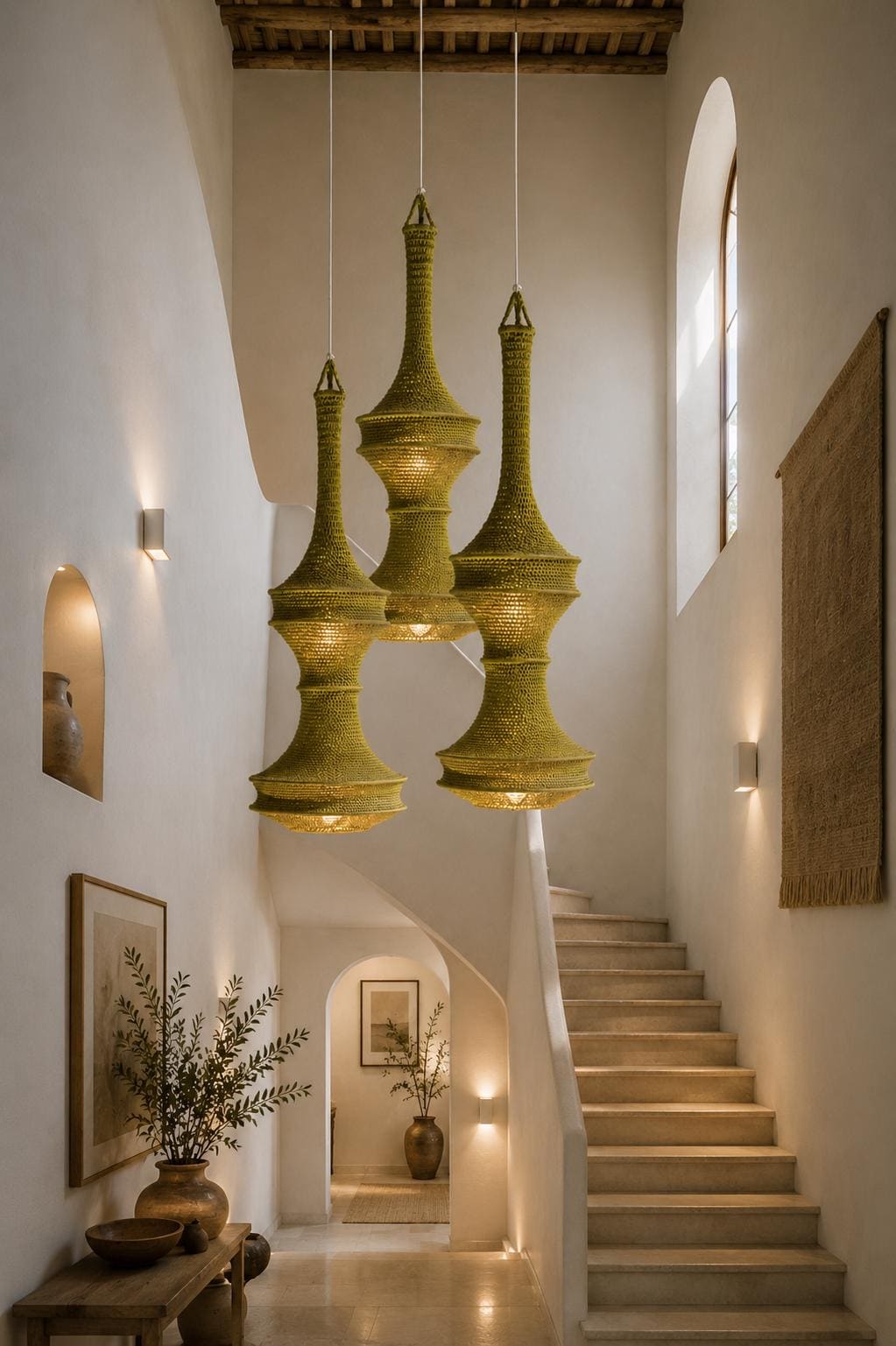 Three olive green pendant lights with a textured, woven, or crocheted appearance. Each light features a tall, slender…