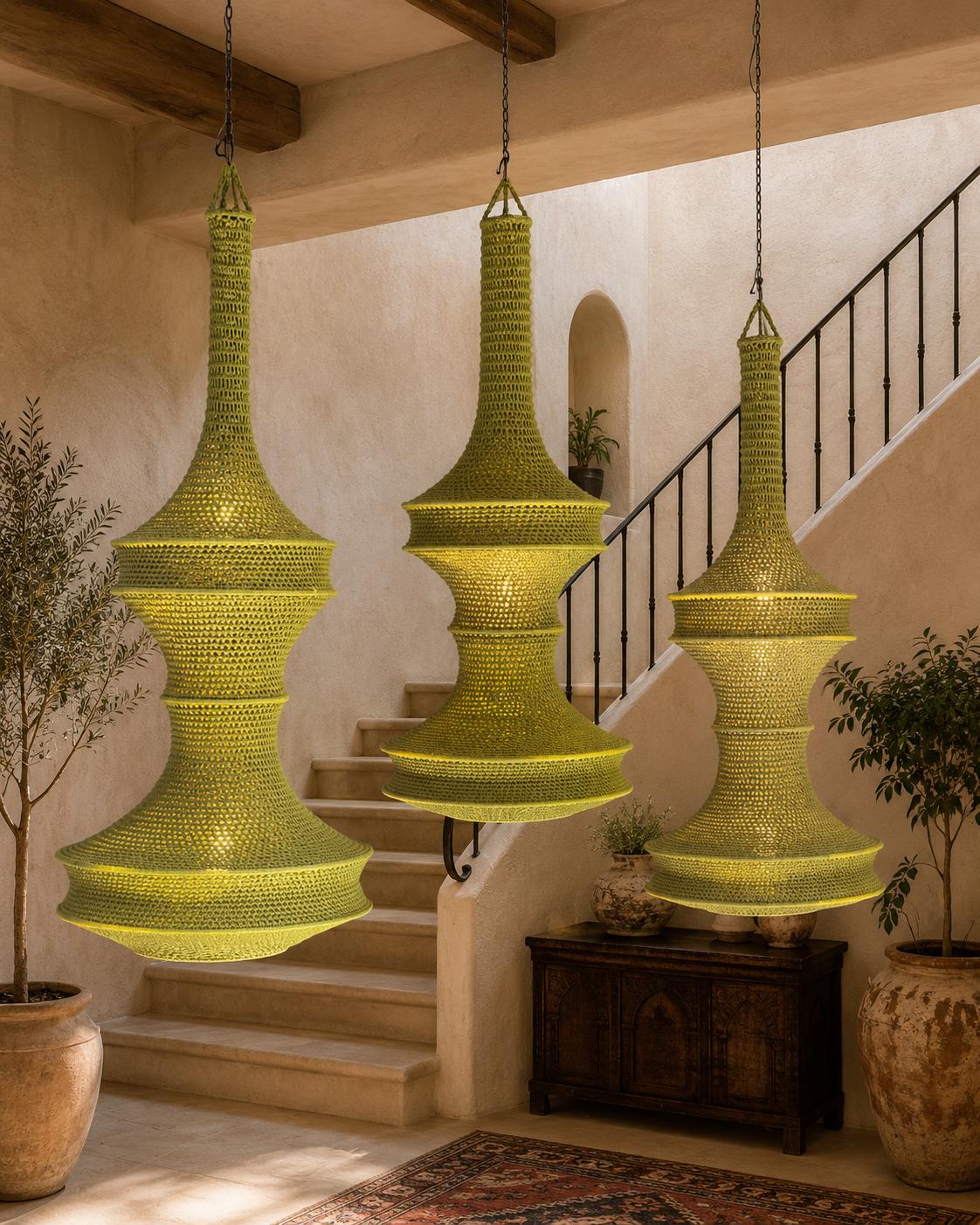 Three lime green pendant lights featuring a tall, slender neck and a wide, tiered base. Each lamp is constructed from a…